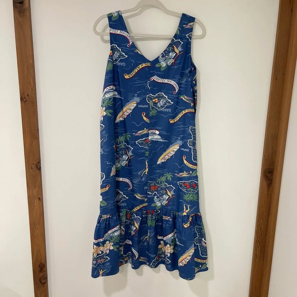 Hilo Hattie Hawaiian Islands Map Dress‎ Womens Medium Blue Ruffle Hem | Tropical